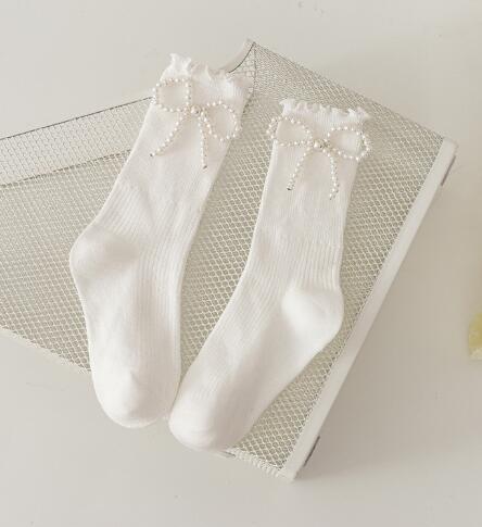 Girls Black Calf Socks Cute Bowknot Pearl Decor Combed Cotton Comfortable Toddler Baby Socks