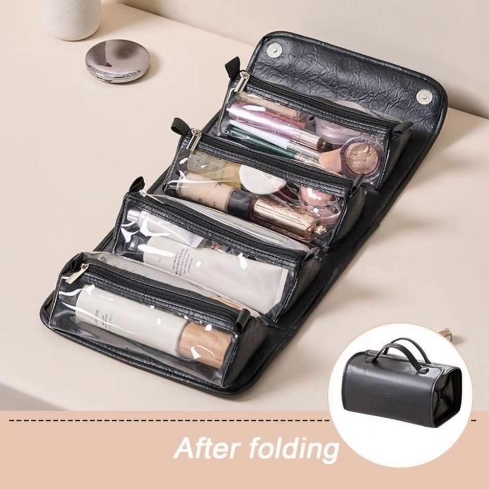 Large Capacity Foldable Cosmetic Bag PU Leather Waterproof Portable Toiletry Bag Roll Up Design Detachable Makeup Organizer