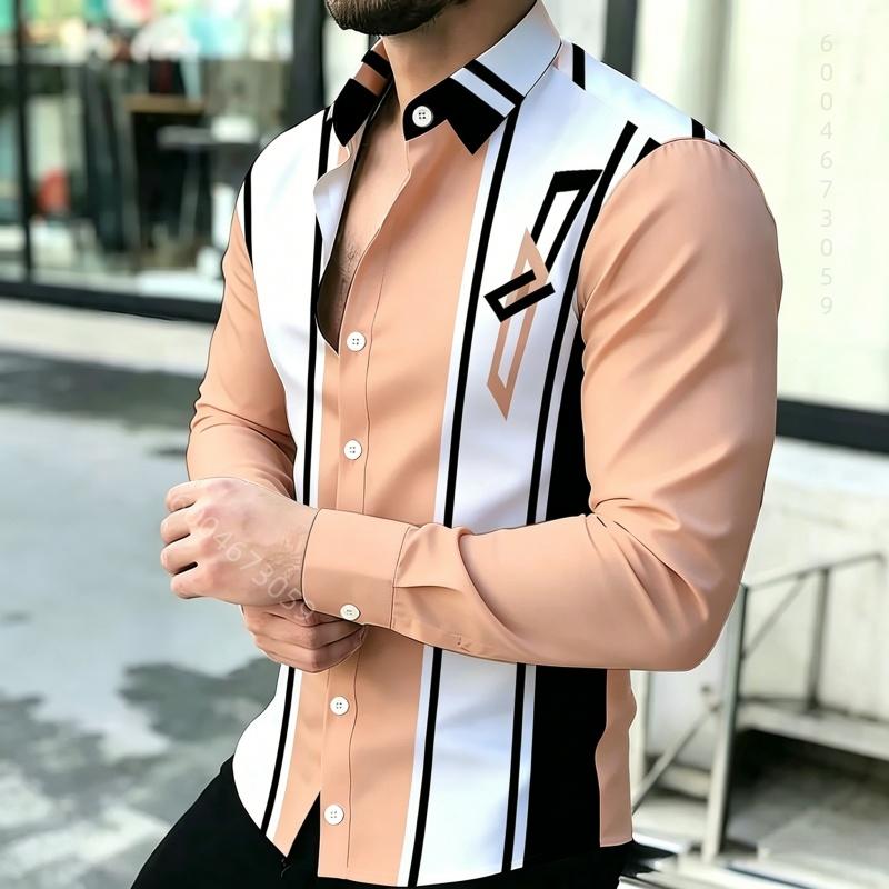 Men's Shirt with Contrasting Striped Print, Slim Fit Collar, Long Sleeved Business Casual Shirt, Available In Multiple Colors