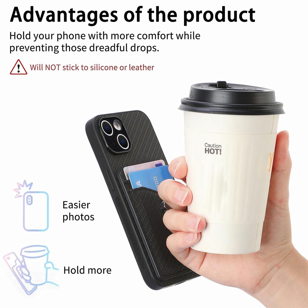 Cellphone Cover for iPhone 15,Card Holder Carbon Fiber Texture PU Leather+PC+TPU Phone Case with Ring Kickstand