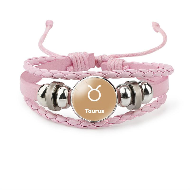 Trendy Pink Leather Braided Bracelet With Zodiac Time Gemstone For Men And Women