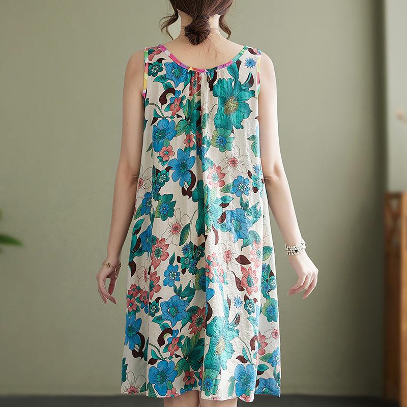 Real summer new cotton and linen large size literary loose sleeveless round neck printing suspender a word dress women