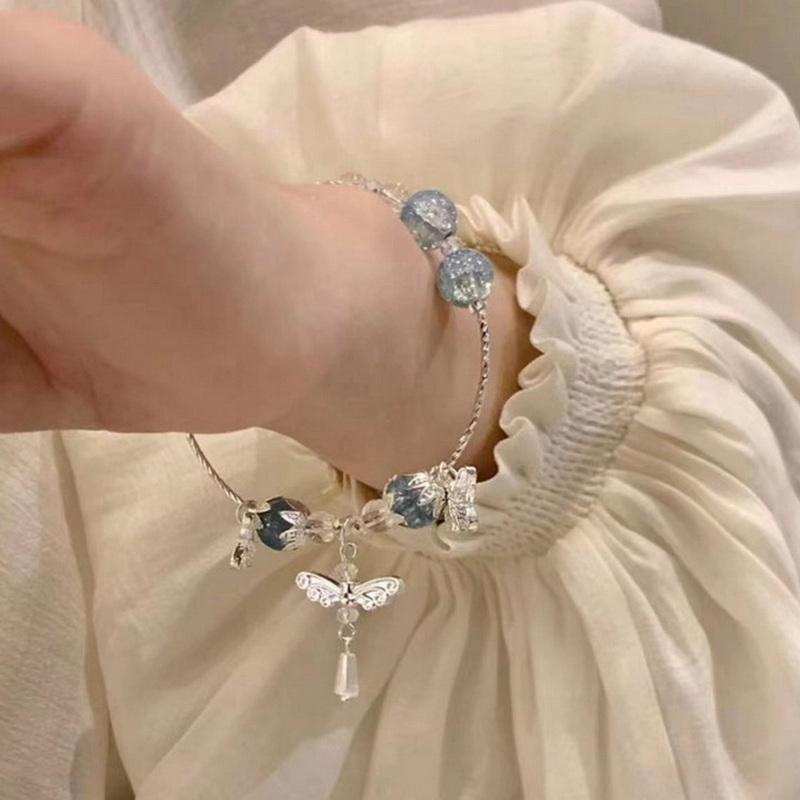 Βραχιόλια από Μωβ Γυαλί Κρύσταλλο με Χάντρες για Γυναίκες, Κομψά Βραχιόλια με Κρεμαστό Πεταλούδα και Φούντα, Γλυκά Κοριτσίστικα Κοσμήματα Καρπού