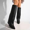 Mode Mode Bottes Hautes au Genou à Jambes Larges pour Femmes Bout Pointu Talon Compensé Chaussures d'Hiver Femme Style Street Cuir PU Noir Bottes Longues
