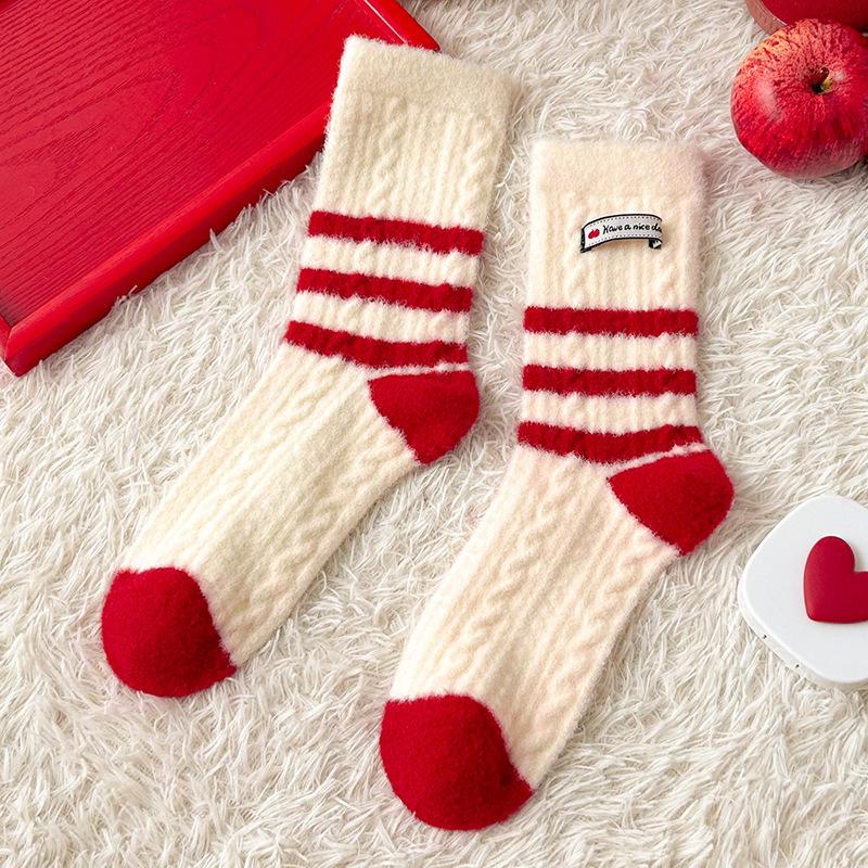 Red Australian Velvet Socks Embroidery Puppy Medium Tube Socks Winter Velvet Thickened Warm Cute Home Sleeping Socks Women