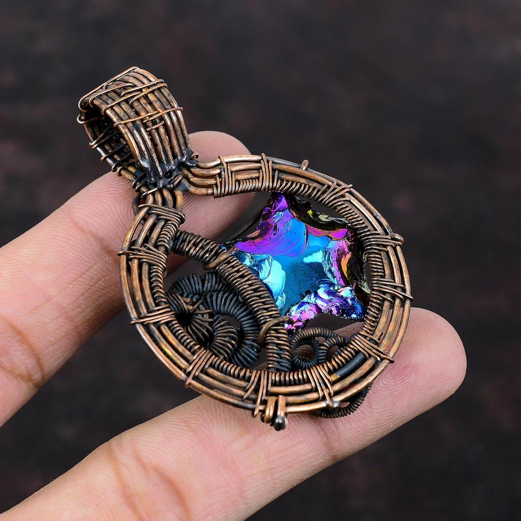 Titanium Druzy Pendant Copper Wire Wrapped Pendant Natural Gemstone Pendant Handmade Copper Wire Jewelry Gift For Him Latest Design Pendant