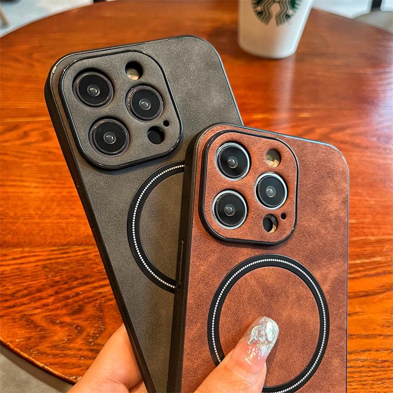 Apple Lambskin Magnetic Leather Texture iPhone Case: Compatible with iPhone 12, 13, 14 Pro Max & 15, Full Coverage, Protective.