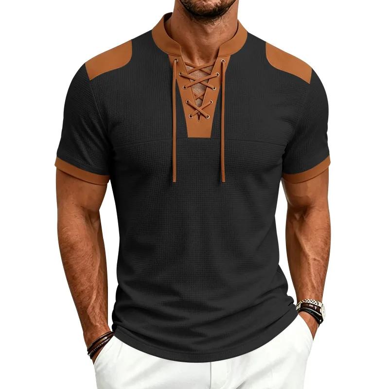 Summer Vintage Style Casual T-Shirts Men Patchwork Drawstring Loose Male Tshirt Short Sleeve Fashion Pull On Tees Streetwear
