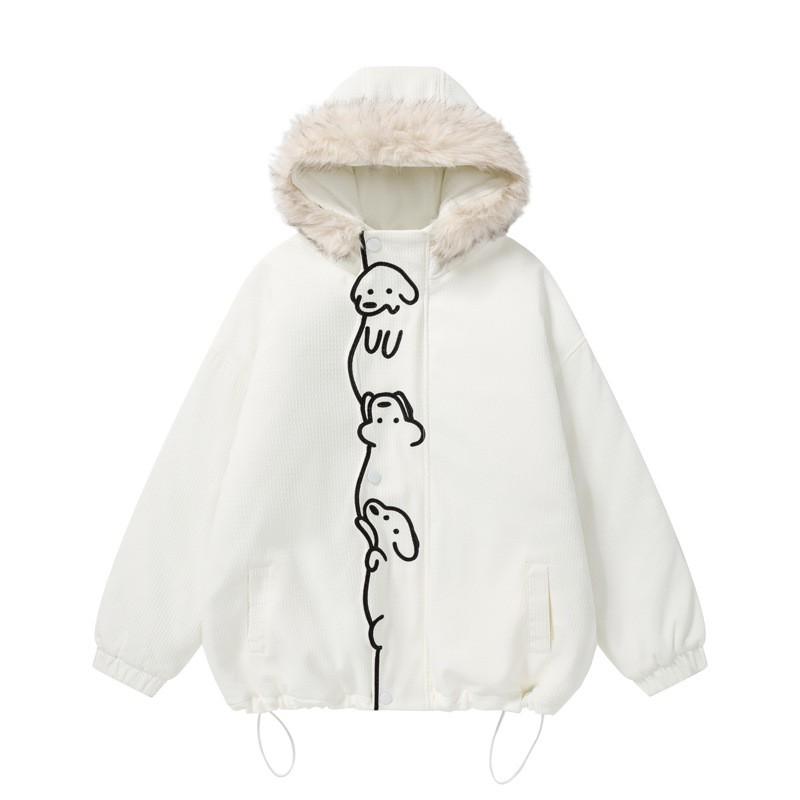 Unisex Oversized Hooded Cotton Puffer Jacket With Embroidered Dog Design Winter Warm Thick Fleece Lined Streetwear Coat