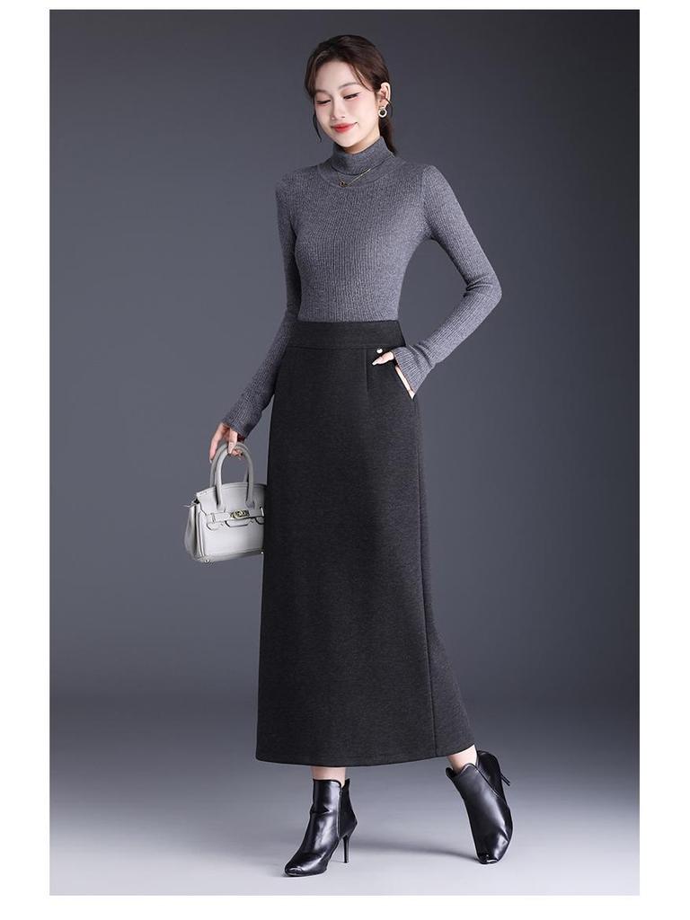 High-Waisted Wool Midi Skirt with Slit – 2025 Winter Style