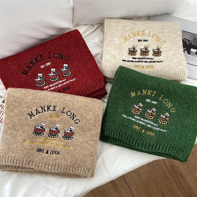 Cute Bear Embroidered Wool Cartoon Scarf Female Autumn and Winter Warm Student Couple Versatile Knitted Scarf