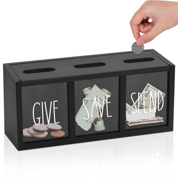 

Wooden Give Save Spend Money Saving Box for Kids, Countertop Kid Piggy Bank for Daily Cash, Wall-Mount Kids Bank Black