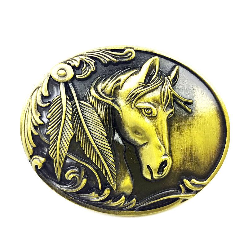 Golden Horse Head Western Belt Buckle - Oval Animal Design