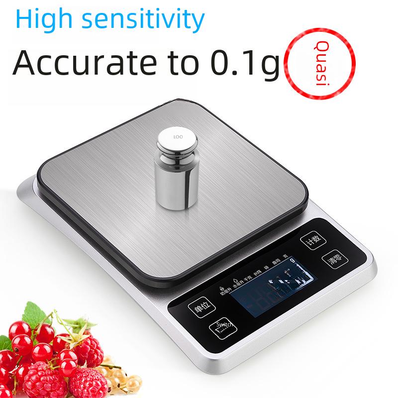 Stainless Steel Rechargeable Kitchen Scale, 0.1g Precision, 10kg Capacity