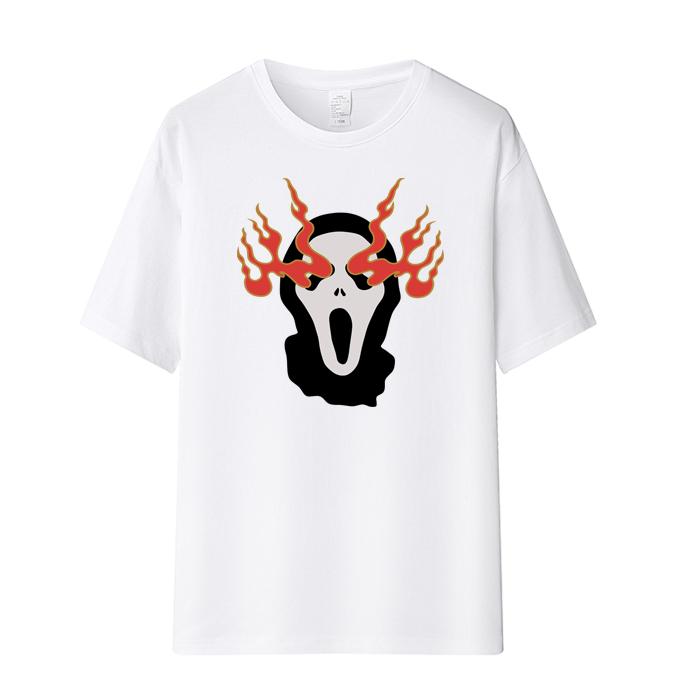 Shortsleeved Roundneck Flame Skullhead Printed Loosefitting Mens and Womens Casual and Versatile Couples Clothing