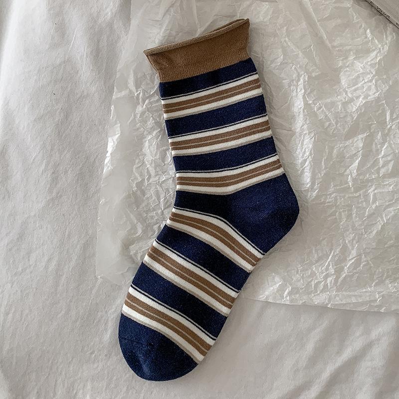 Socks Retro Hong Kong Style Striped Pure Cotton Medium Tube Socks Tide Season Boneless Crimping Color Matching Pile Socks Women
