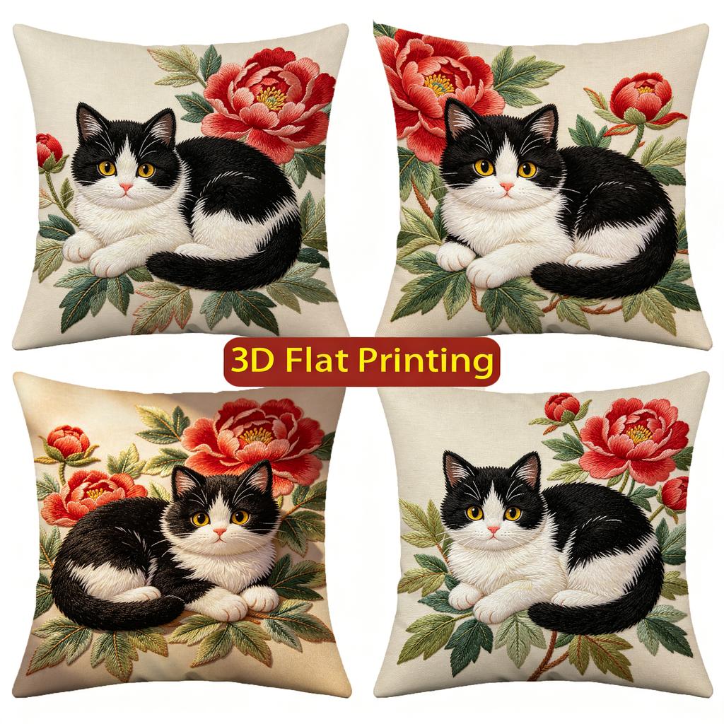 Vintage Peony & Tuxedo Cat Throw Pillow Covers Pattern Cushion Cover Suitable For Sofa Bedroom Car Pillow Cover