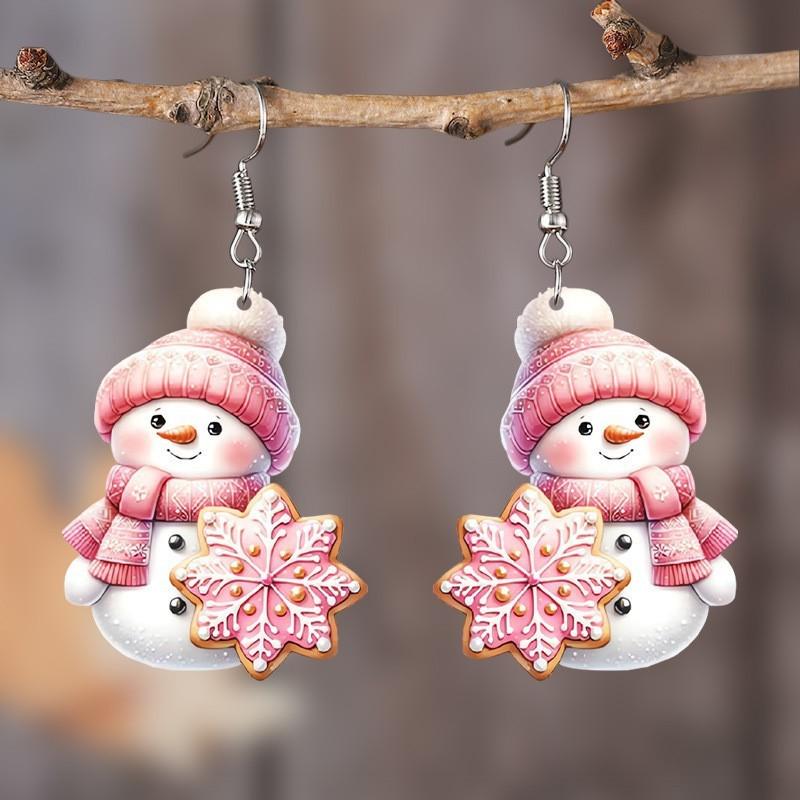 

Christmas Theme Cute Cartoon Pink Hat Scarf Snowman Pattern Women Earrings For Holiday Gift And Decor