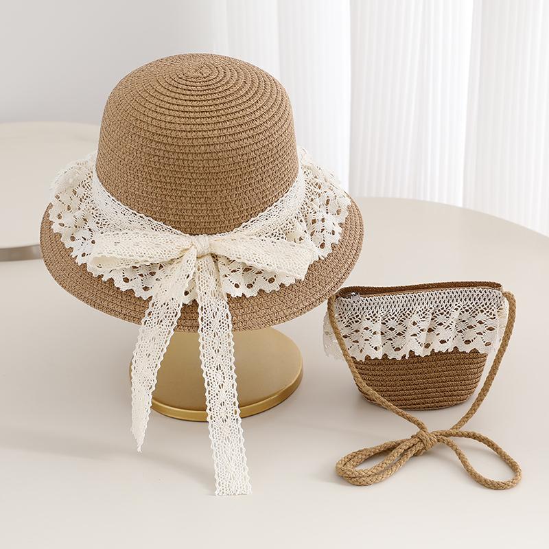 Girls Lace Straw Hat & Mini Bag Set Summer Children's Sun Hat Bow Cute Toddler Beach Hat for Kids Outdoor Travel Sun Protection