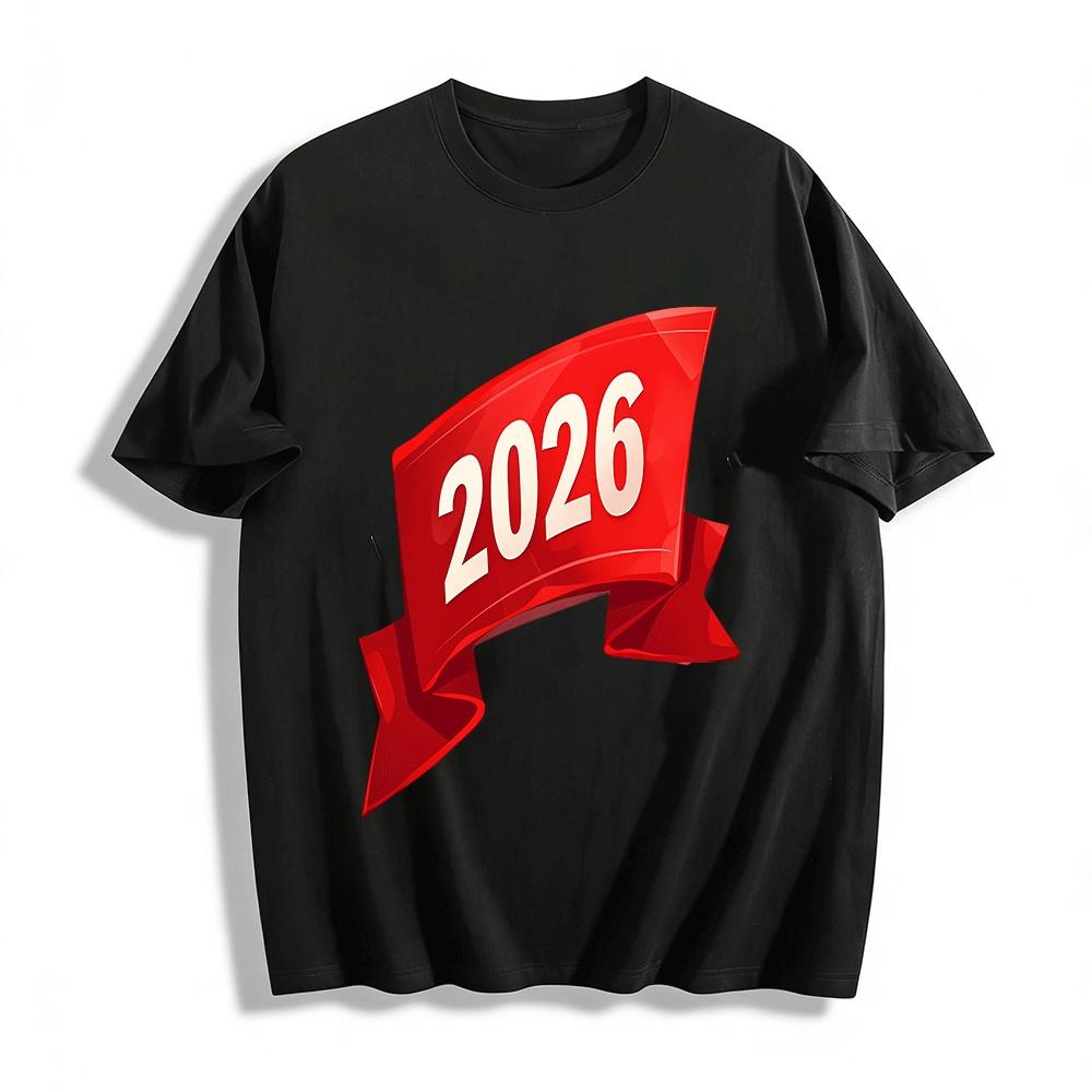 2026 New Year Themed Printed Casual Top For Men And Women Pure cotton T-shirt