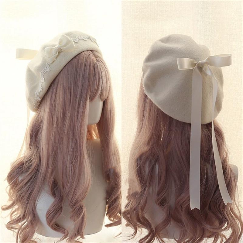 Fashion Lolita Japanese Style Beret Hat Sweet Woolen Bow Beret Warm Handmade Winter Berets Hat Women Girls