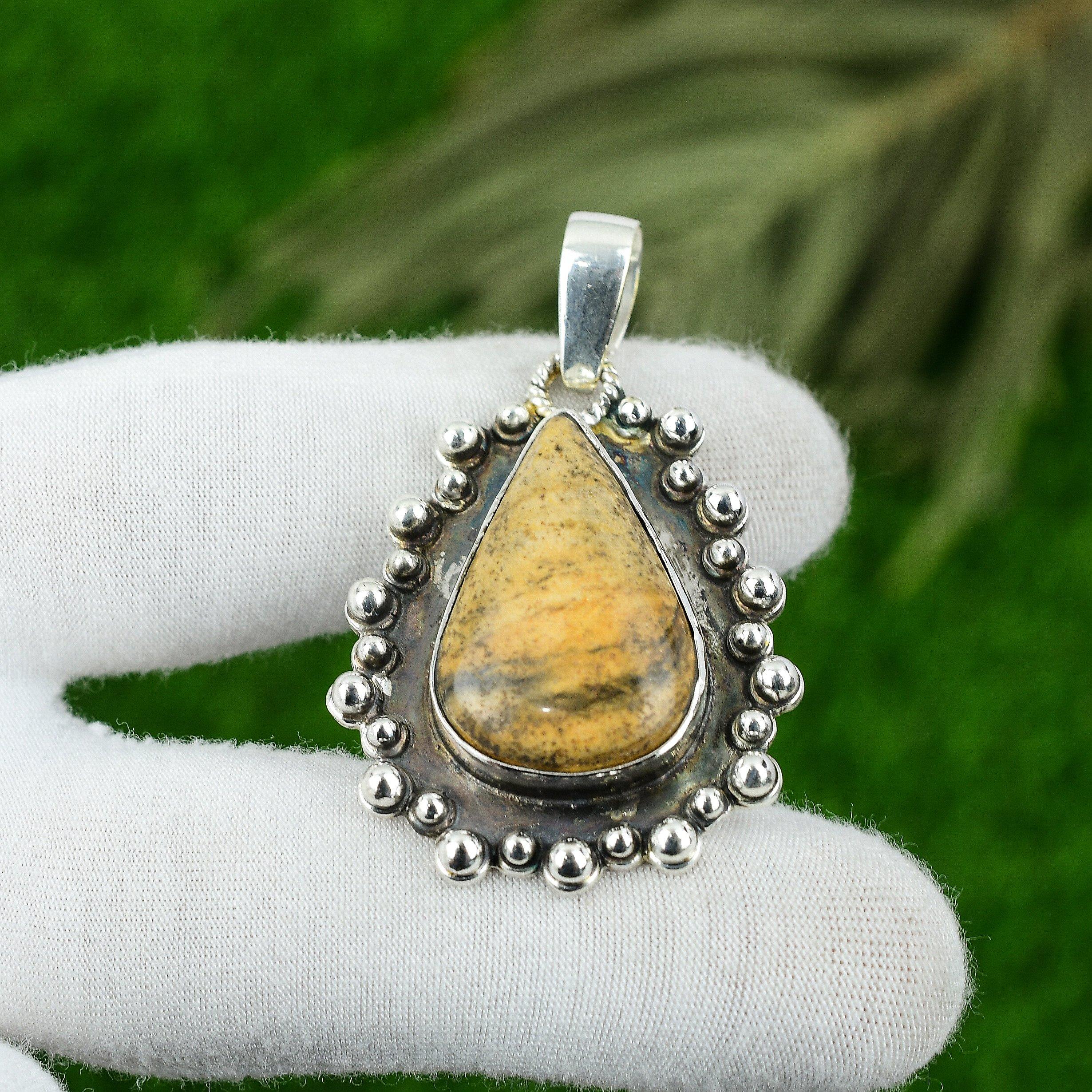 

925 Silver Pear Natural Picture Jasper Ethnic Wedding Artisan Daughter Pendant