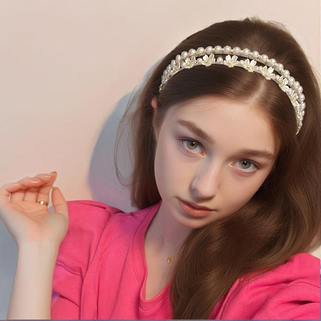 2 Layers Pearls Headbands White Flower Designs Elegant Floral Hairbands for Women Girls Daily Bangs Hair Jewelry
