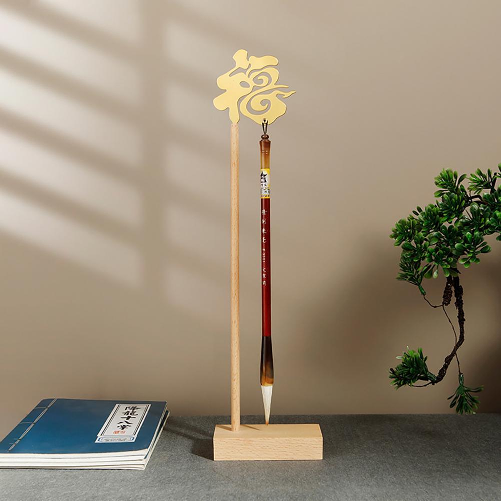 Brush Storage Rack Calligraphy Pen Holder with Chinese Fu Elegant Wooden Brush Hanger for Desktop Metal Writing Brush for Office