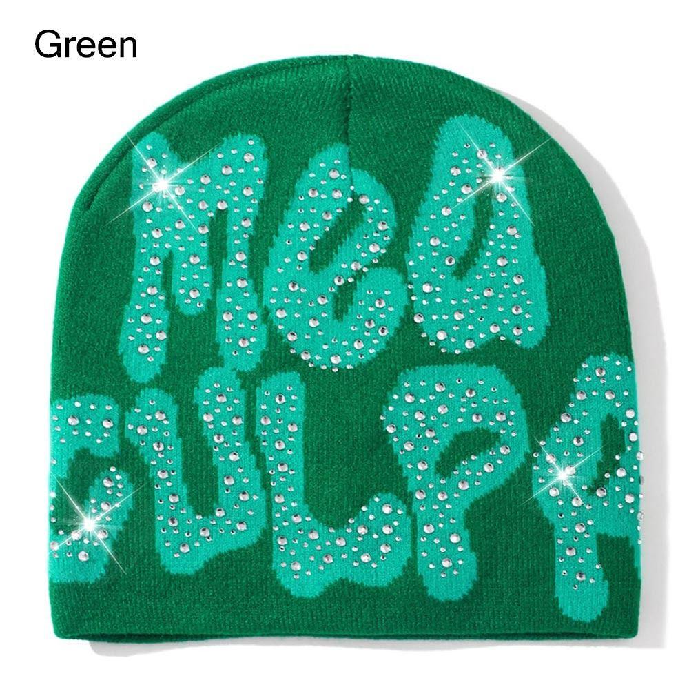 Warm y2k Beanies Hats Knitted Slouchy Cap MEA Culpa Beanies Hat with Rhinestone  for Women Men