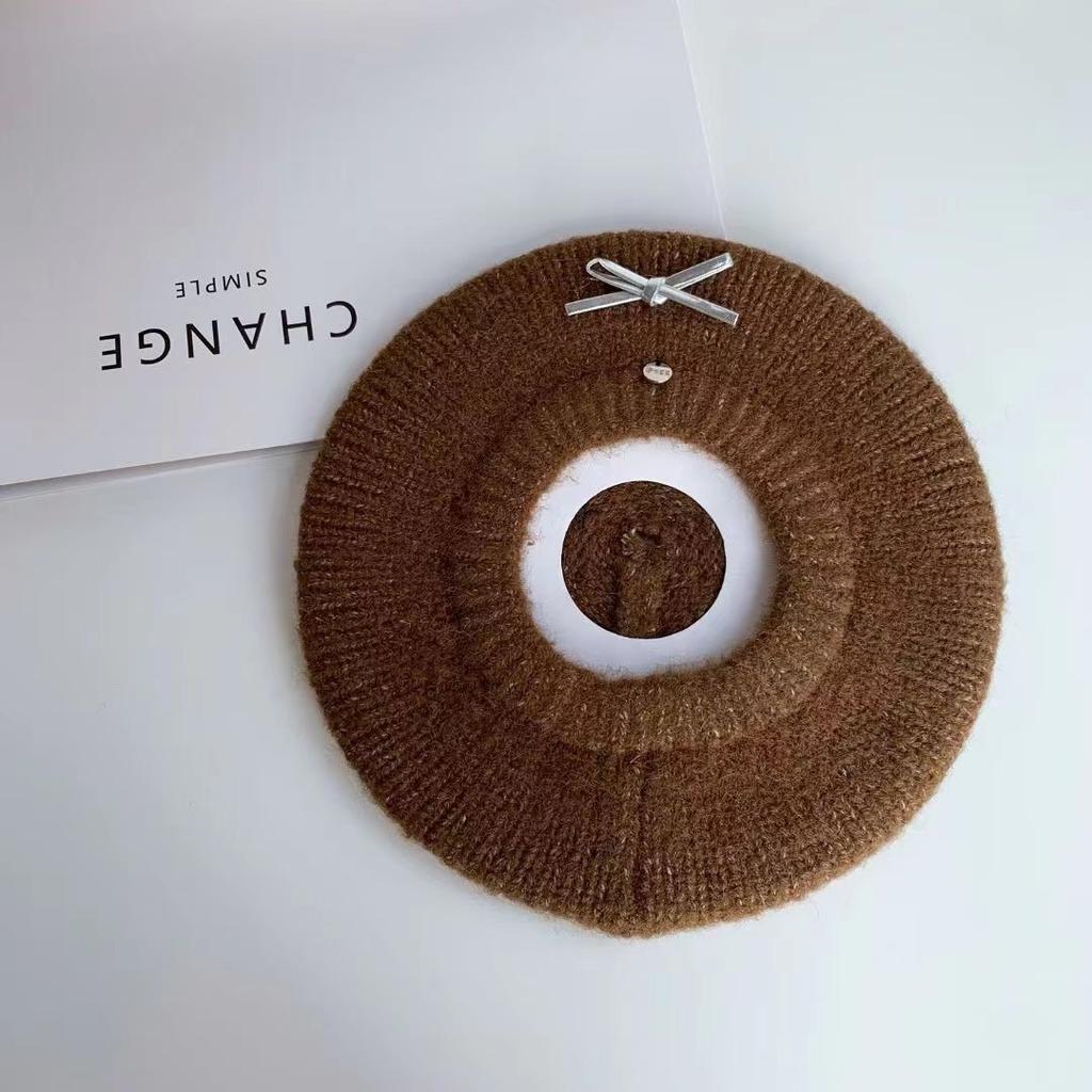 Bow beret women's new autumn and winter face small gray knitted hat warm wool hat versatile