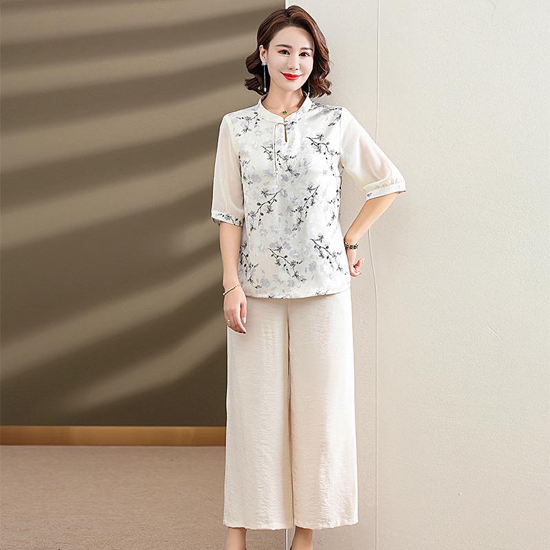 

2026 Summer Women s Floral Short-Sleeve Top & Wide-Leg Pants Set for Middle-Aged and Elderly 2XL [120-135 lbs]
