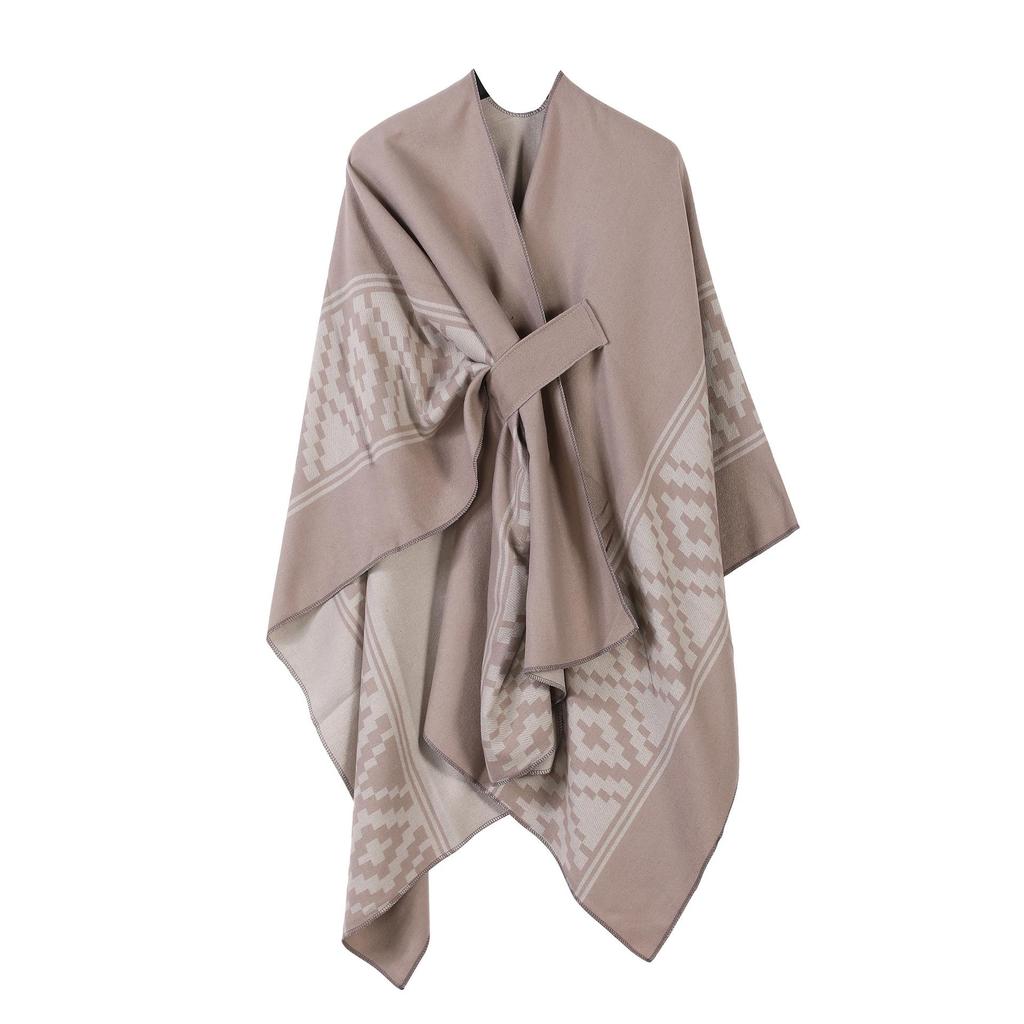 Women's European & American Double-Sided Solid Color Cape Shawl with Striped Edge