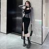 Spice Girl Pure Desire Square Neck Split Dress Autumn New Women's Clothing Waist Splicing Hip Wrap Medium and Long Dress
