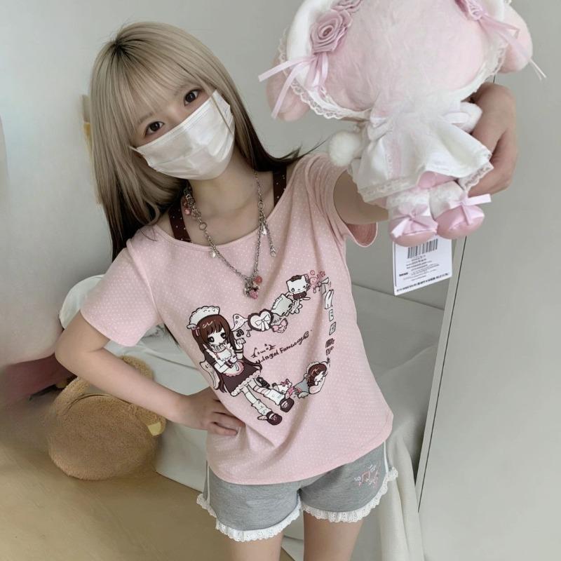 Women T Shirts Cartoon Printed Funny Sweet Slim Summer Fashion Short Sleeve Y2k Aesthetic Harajuku Tops Female Casual