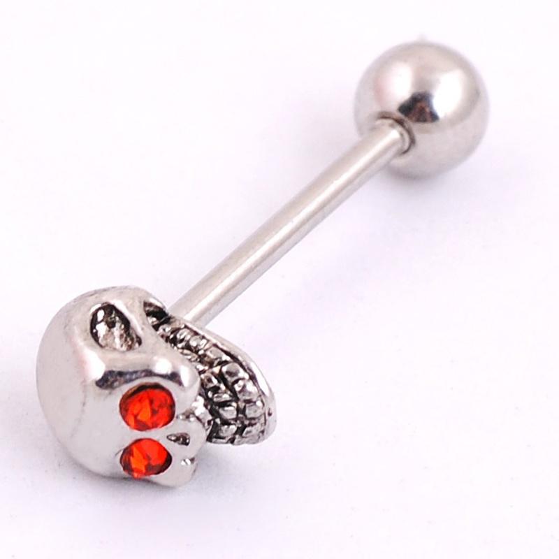 1Pcs New Stainless Steel CZ Gem Skull Silvery Tongue Barbell Ring Bar Body Piercing Myshine