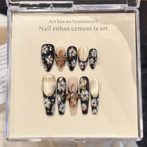 Press On Nails Long Coffin Fake Nails Glitter False Nails with Flower Designs Full Cover Glue On Nails Press Ons Artificial Stick On Nails for Women