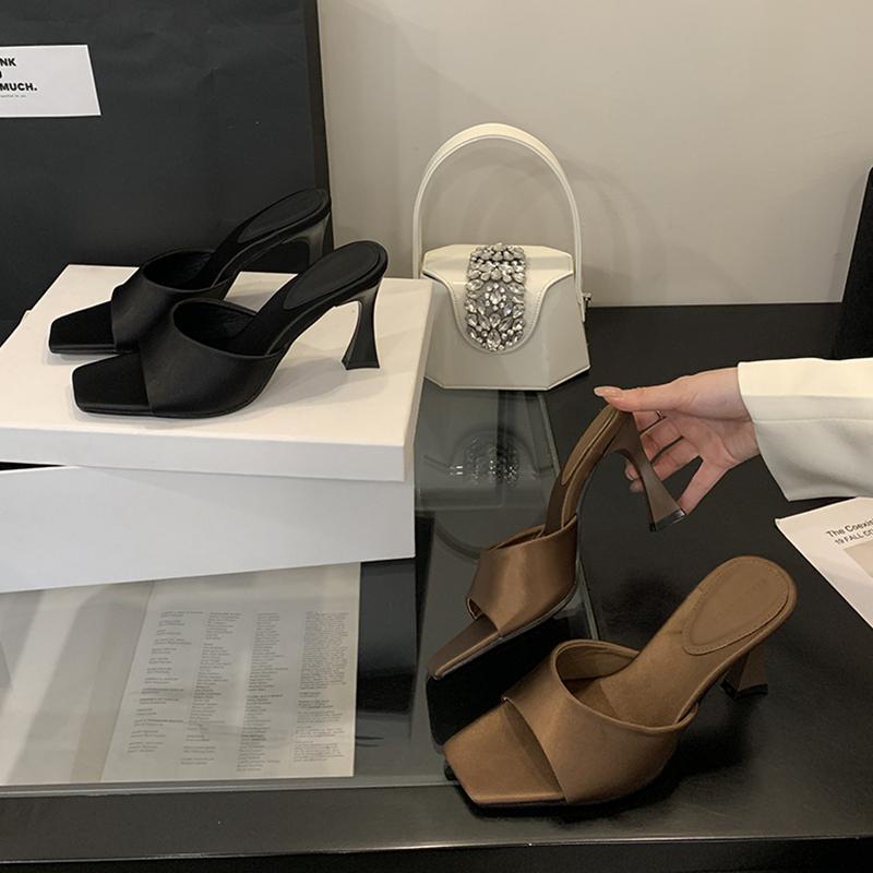 Fashion SUOJIALUN 2025 New Brand Summer Women Slipper Fashion Square Toe Slip On Slides Thin High Heel Outdoor Dress Ladies Elegant Pump