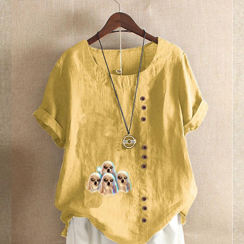 Damenmode Rundhals Kurzarm T-Shirt Lässiges Baumwoll-Leinen-Grafikhemd Freizeit Lose Geister Gedruckt Sommer Bluse Tops