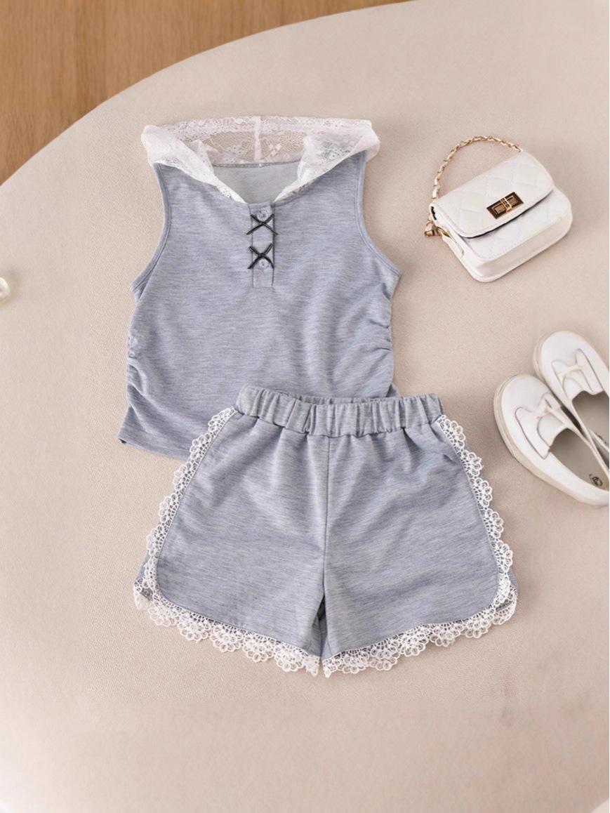 Girls  Lace Patchwork Vest & Shorts Casual Summer Two-Piece Set 5 Years светло-серый
