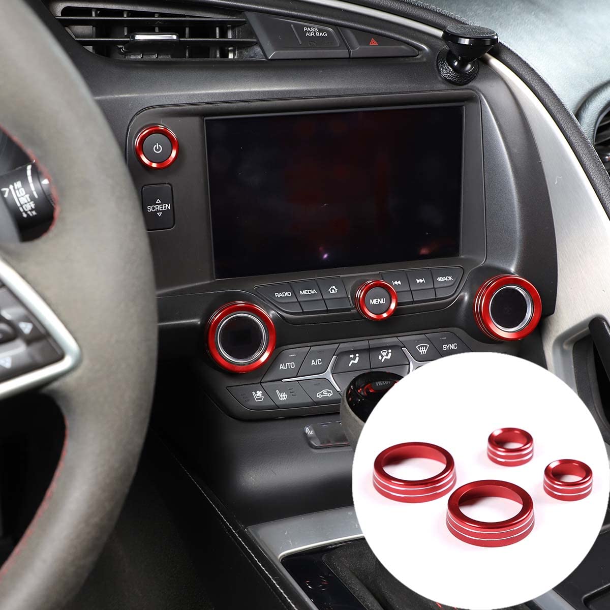 

METYOUCAR Set of Aluminum Alloy Air Conditioning and Volume Control Knob Decorative Rings for Chevrolet Corvette C7 4-Piece 2014-2019 (Red)