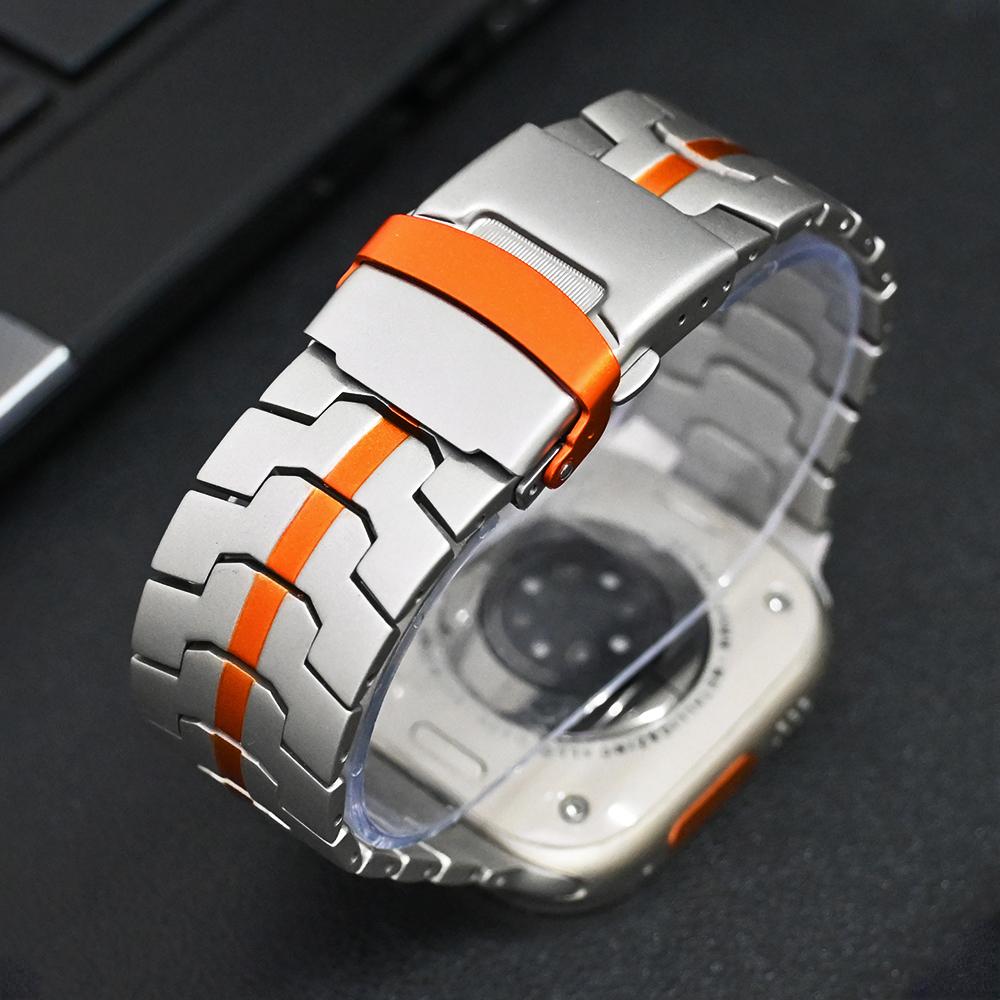 Titanium Orange Metal Band for Apple Watch 49mm 46mm 45mm 44mm Luxury Stainless Steel Bracelet for Series 10 9 8 7 6 5 4 Ultra2