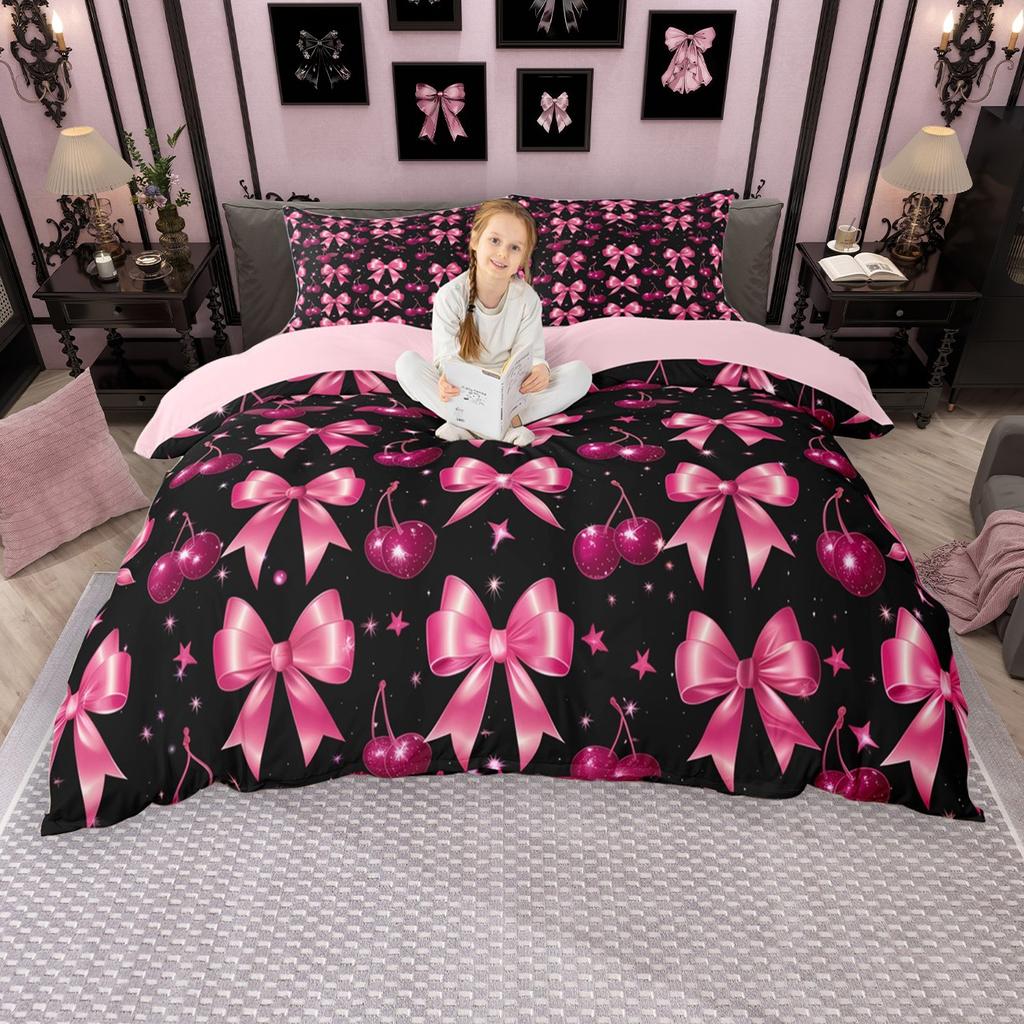 Homewish Princess Style Duvet Cover Set, Pink Bow Knot Ribbon Bed Set, Girls Bow-Tie Quilt Cover Set