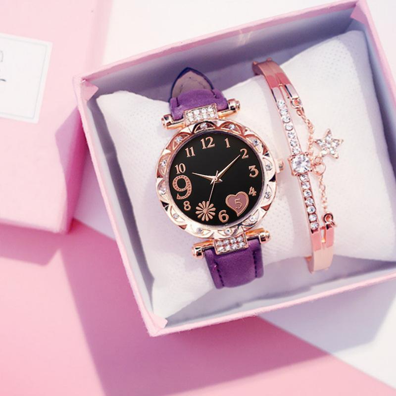Ladies Diamond Dial Leather Strap Quartz Watch Women's Bracelet Bracelet Set
