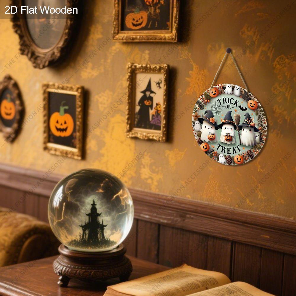 Trick Or Treat Cute Ghost Witch Hat Round Wooden Hanging Sign, 2D Flat Printed Halloween Front Door Decor, Pumpkin Spiderweb Fall Wall Ornament Gift