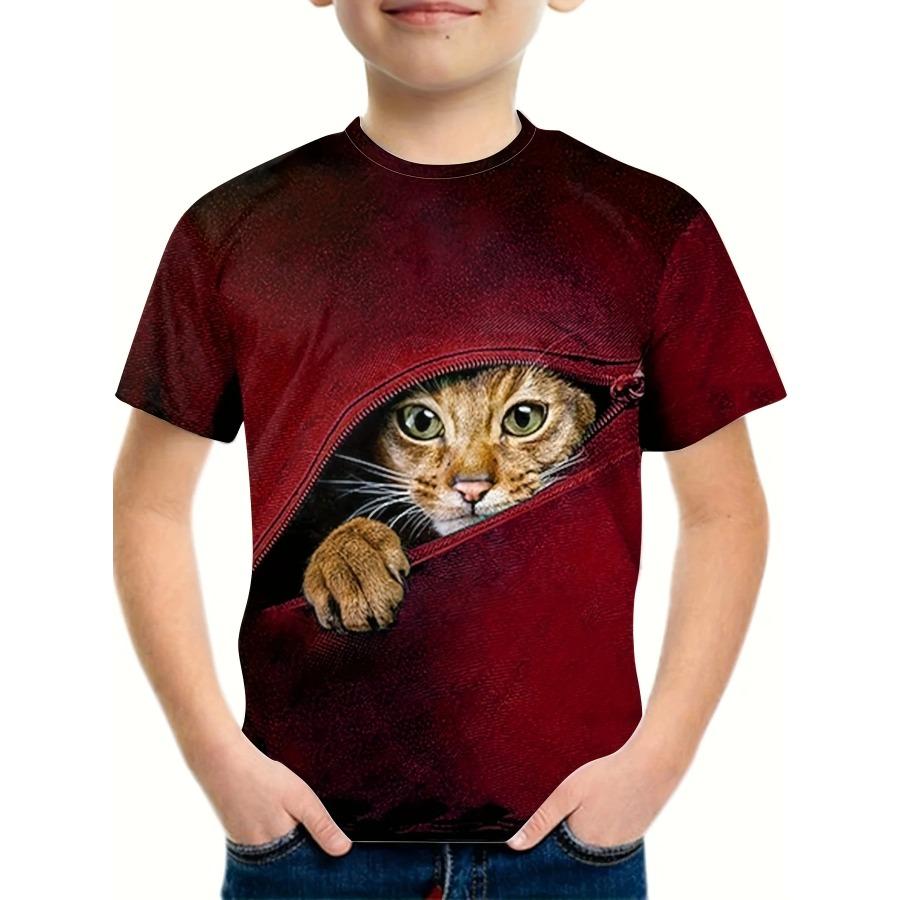 Boy's Zipper Cat Graphic Kids's T-shirt Fashion Short Sleeve Tops Boy Girl T-shirt Animal 3D Printed Summer Children's Clothing