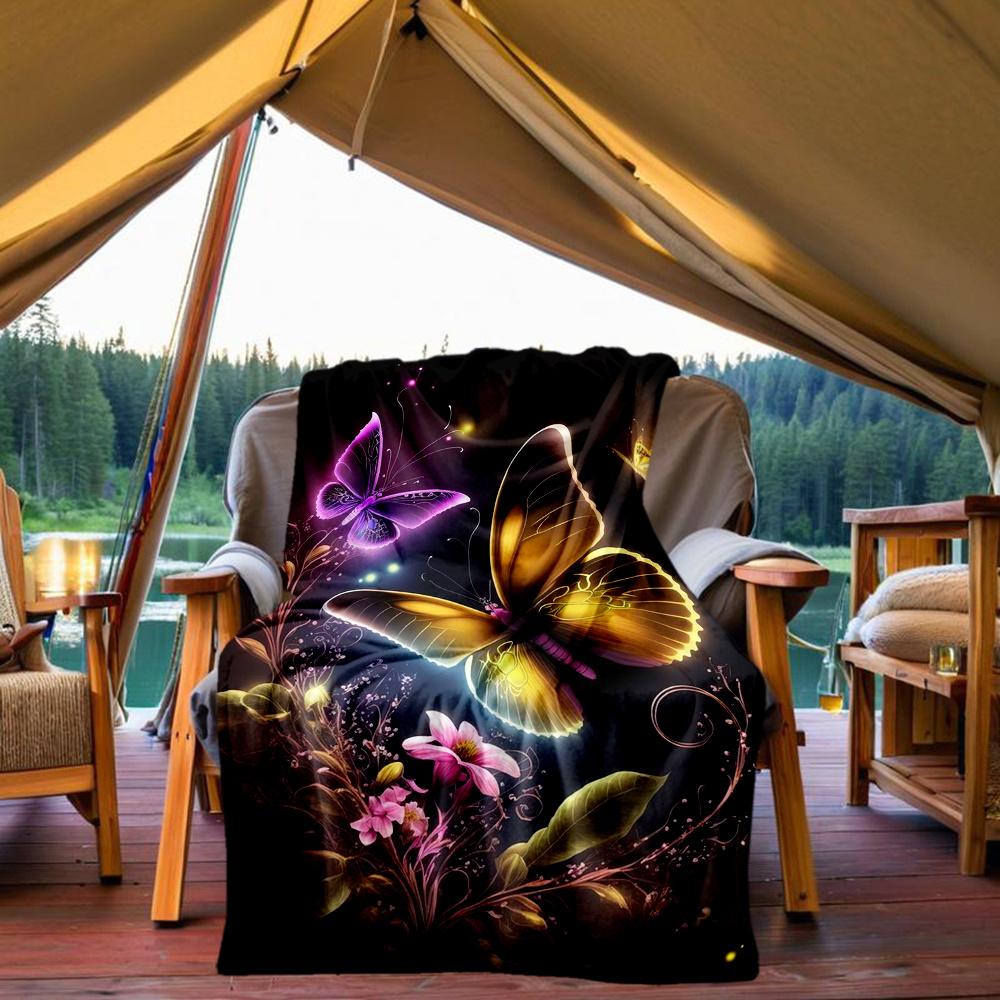 1pc Butterflies Flowers Flannel Blanket, Comfortable and Warm Blanket, for Camping Sofa Bed and Couch Office032