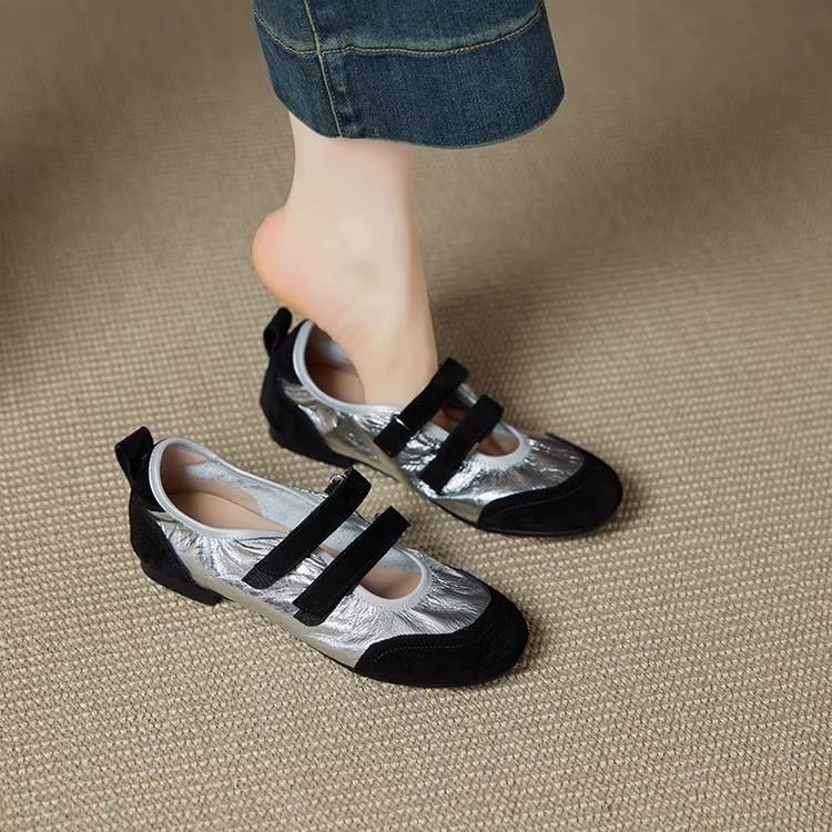 Cowhide Version~ French Retro Style Color Matching Light Mouth Mary Jane Shoes 2025 New Round Head Commuter Flat Shoes