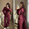 Women Two Piece Set Elegant Puff Sleeve Blouse High Waist Wide Leg Pants Casual Office Suit