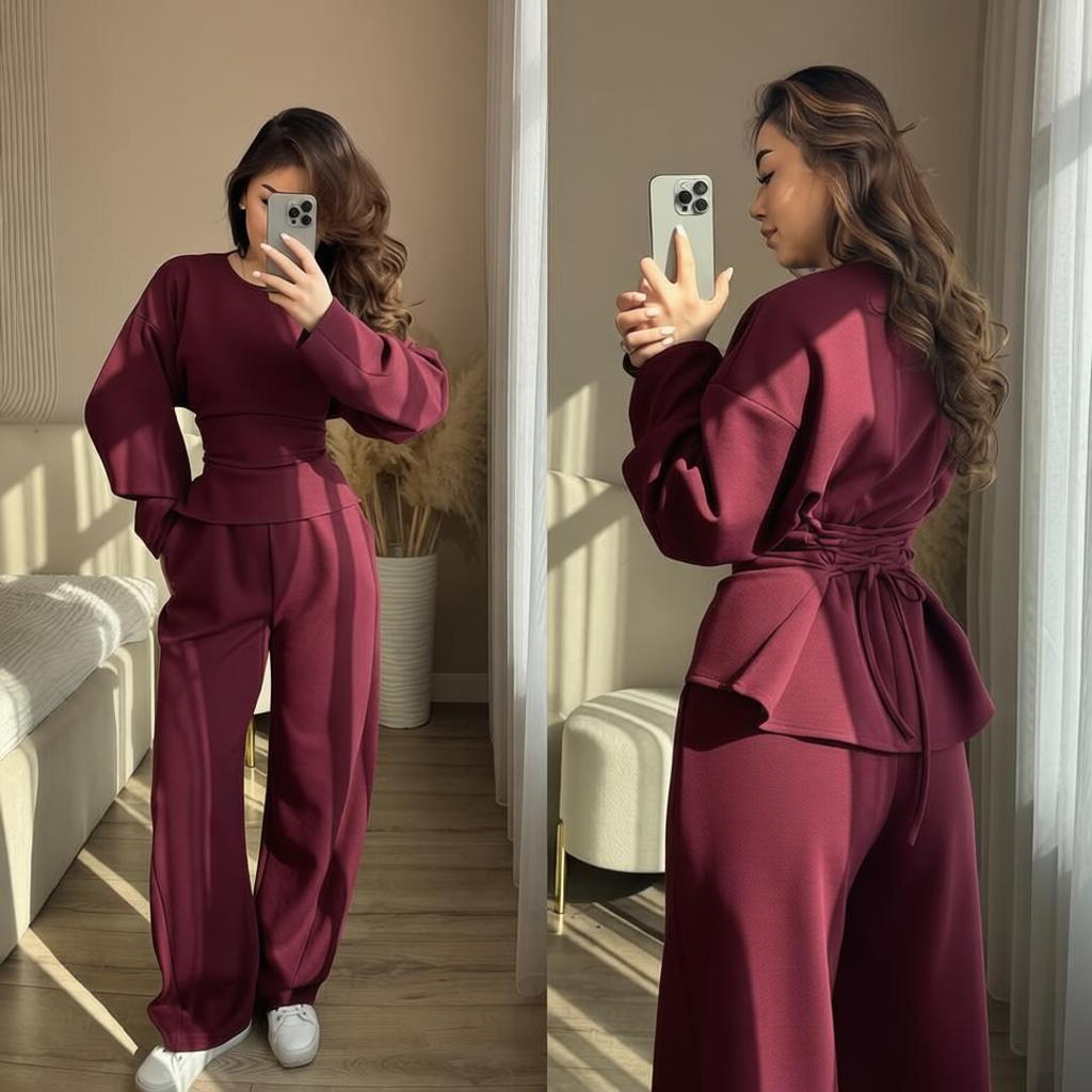 Women Two Piece Set Elegant Puff Sleeve Blouse High Waist Wide Leg Pants Casual Office Suit