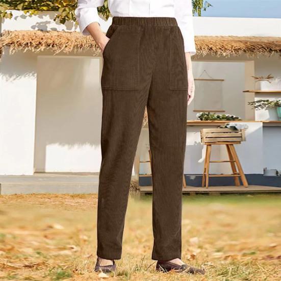 Corduroy Casual Pants Elastic Waist Women Long Pants with Pockets Solid Color Straight Leg Commuting Office Travel Slacks